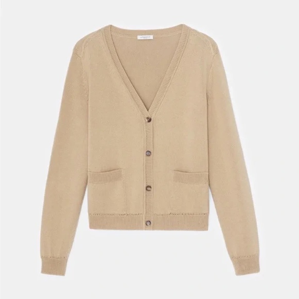 Lafayette 148 New York Silk-Blend V-Neck Beige Cardigan